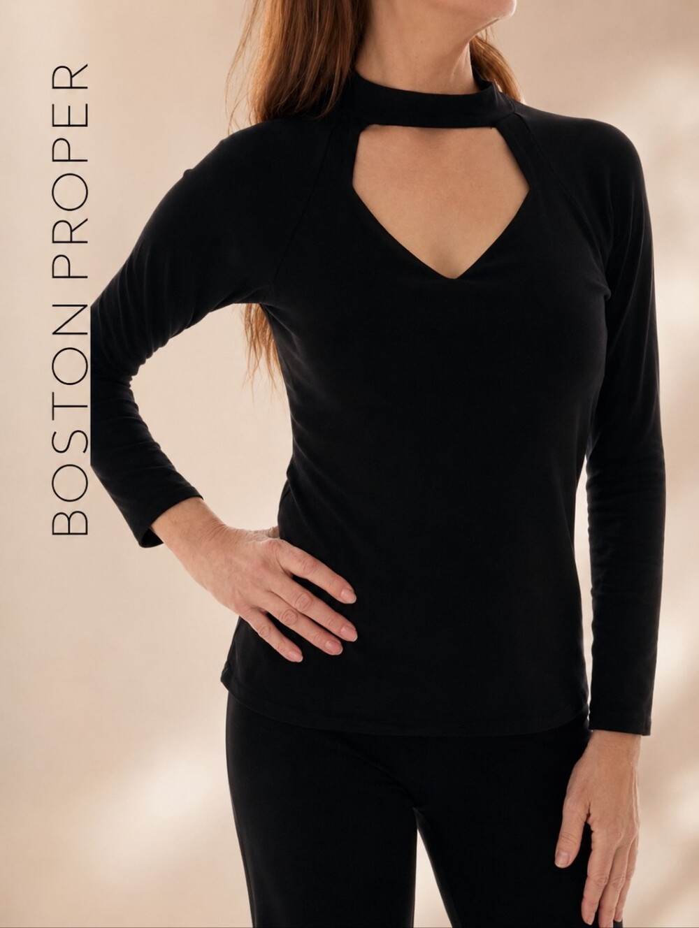 BOSTON PROPER  Black Cutout Long-Sleeve Top